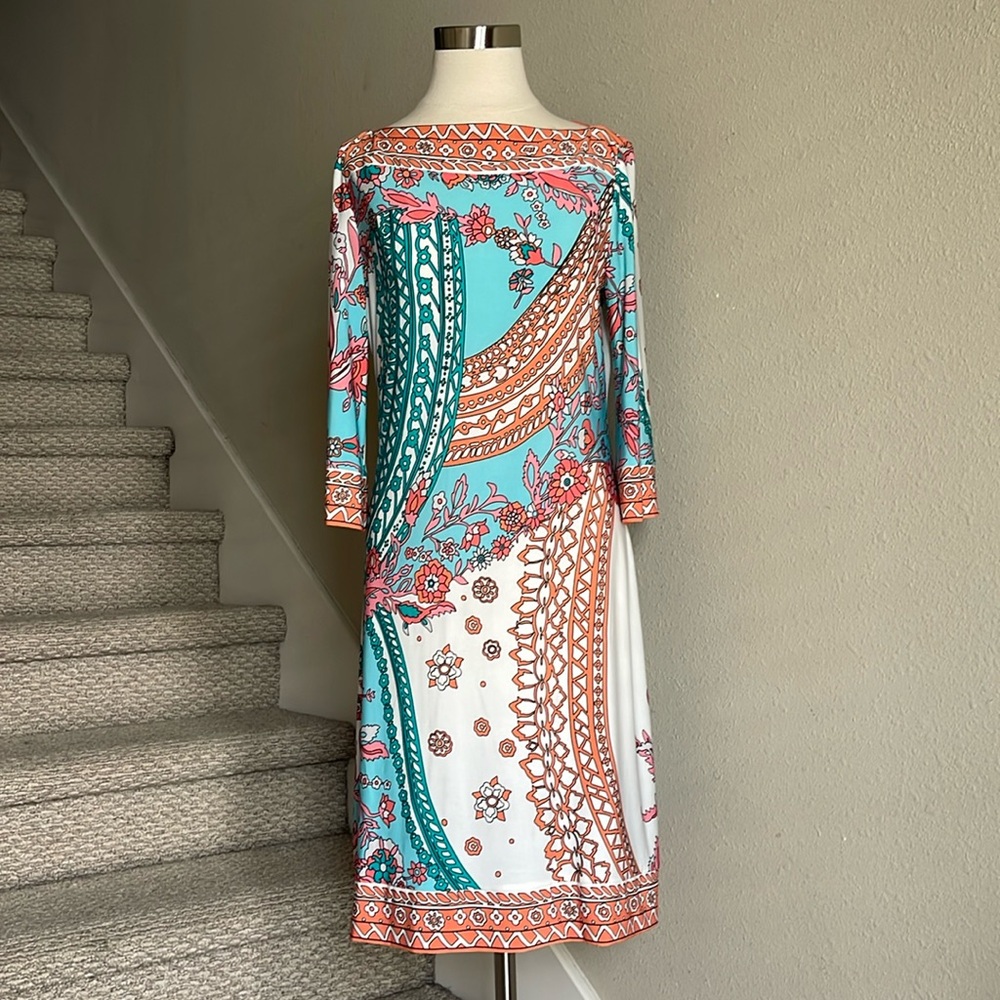 Donna Morgan Sz 10 Stretchy Floral, Boat neck, 3/4 Sleeve Midi Dress